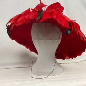 Michael Howard Wool Hat Christmas Red Black Feathers Brim Bold Glamour Derby USA
